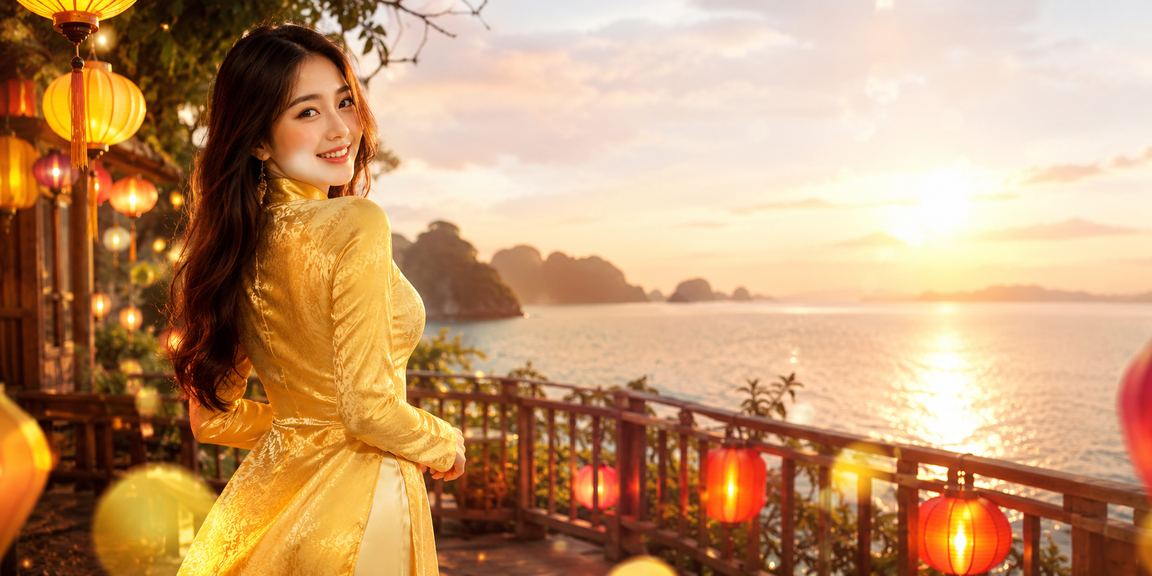 Thiếu nữ Hội An mặc áo dài truyền thống trong không gian đăng ký nhận thưởng lễ hội